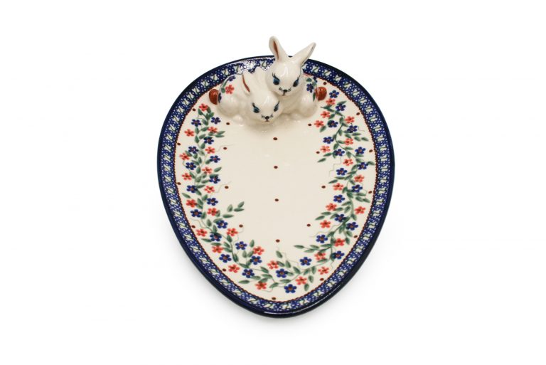 Wielkanoc Polmisek z zajacami Czerwone i Niebieskie Kwiatuszki Ceramika Boleslawiec