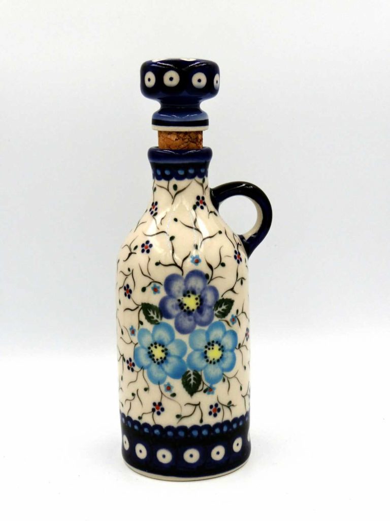 Butelka na oliwę, ocet lub wino Niebieskie Kwiaty, Ceramika Bolesławiec