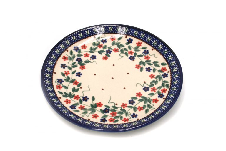 Boleslawiec Talerz sniadaniowy Czerwone i niebieskie kwiatuszki Ceramika Boleslawiec