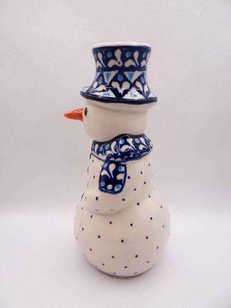 Biały bałwanek kropeczki i niebieski kapelusz na świeczkę, ceramika bolesławiec