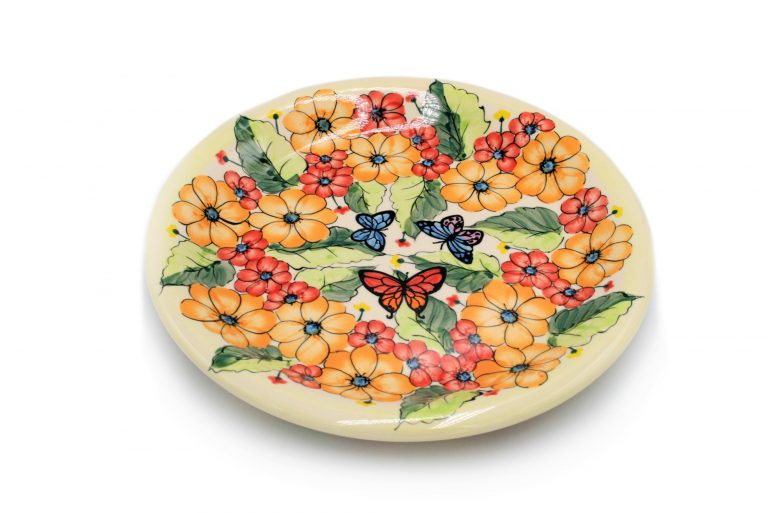 Boleslawiec Talerz obiadowy plytki Zolte i Czerwone Kwiaty z Motylem Ceramika Boleslawiec