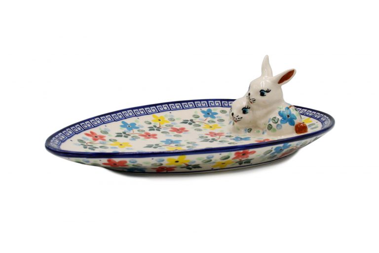 Wielkanoc Polmisek sredni z zajacami Kolorowe Kwiatuszki Ceramika Boleslawiec 2