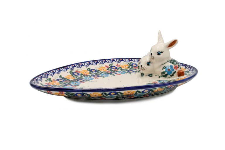 Wielkanoc Polmisek z zajacami Zolto Niebieskie Kwiatuszki Ceramika Boleslawiec 2