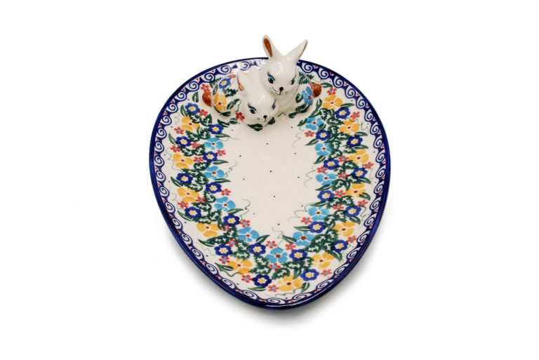 Wielkanoc Polmisek z zajacami Zolto Niebieskie Kwiatuszki Ceramika Boleslawiec