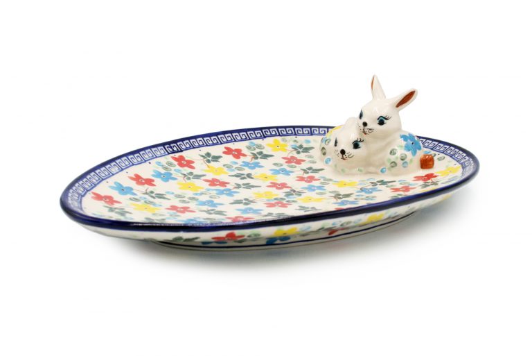 Wielkanoc Duzy polmisek z zajacami Kolorowe Kwiatuszki 2 Ceramika Boleslawiec 2