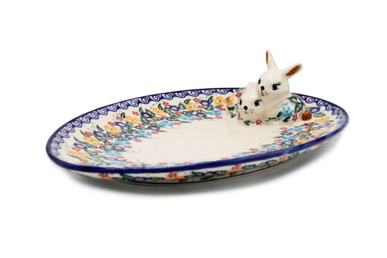 Wielkanoc Duzy polmisek z zajacami Zolto – Niebieskie Kwiatuszki Ceramika Boleslawiec 2