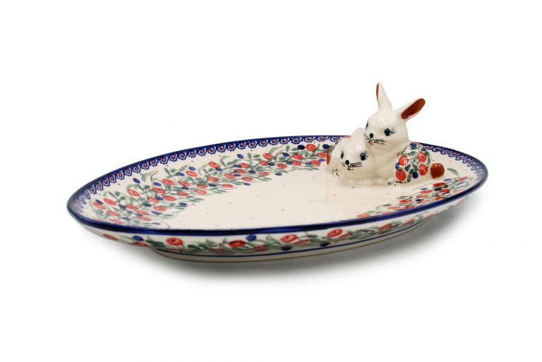 Wielkanoc Duzy polmisek z zajacami Zurawinowy Wianek Ceramika Boleslawiec 2