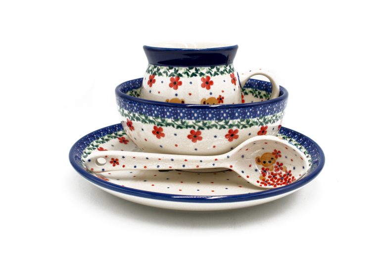 Set Mr. and Mrs. Teddy Bears – bowl, mug, plate, spoon Ceramics Boleslawiec