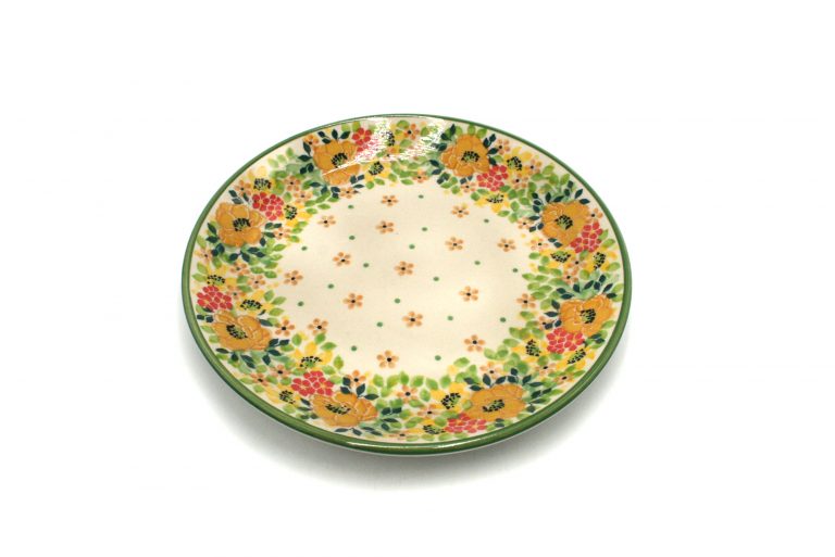 boleslawiec talerz pomaranczowe i zielone kwiatuszki ceramika boleslawiec
