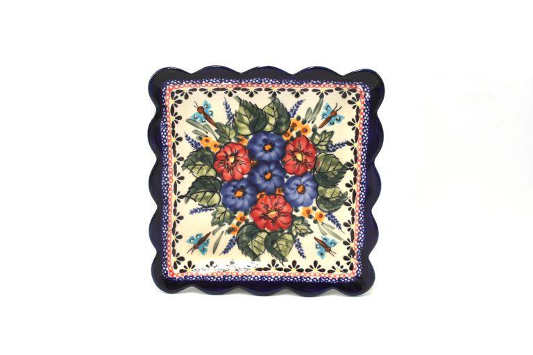 talerz kwadratowy z falbana maly kolorowa laka ceramika boleslawiec