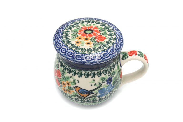 Steaming mug with lid Meadow with Bird, Ceramika Boleslawiec