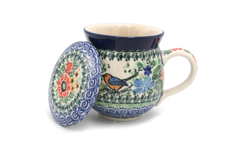 Steaming mug with lid Meadow with Bird, Ceramika Boleslawiec