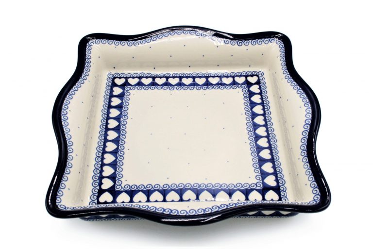 A41 Forma kwadratowa do zapiekania Biale Eleganckie Serduszka Ceramika Boleslawiec