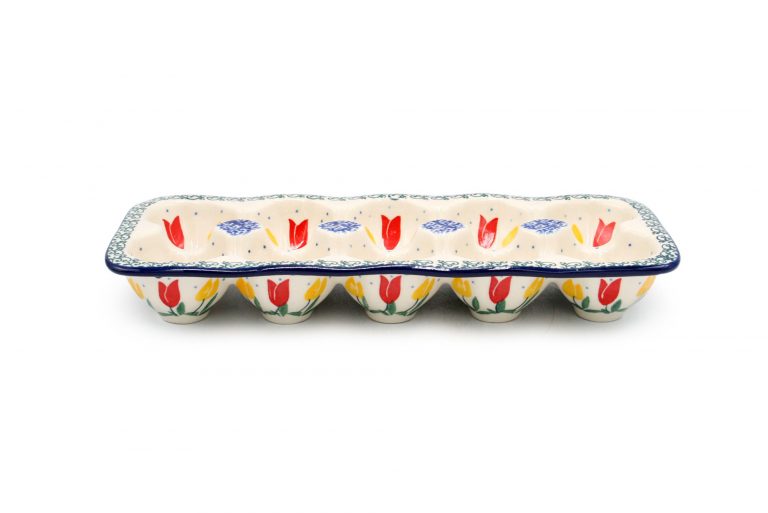 Container for 10 eggs Yellow and Red Tulips ceramics Boleslawiec