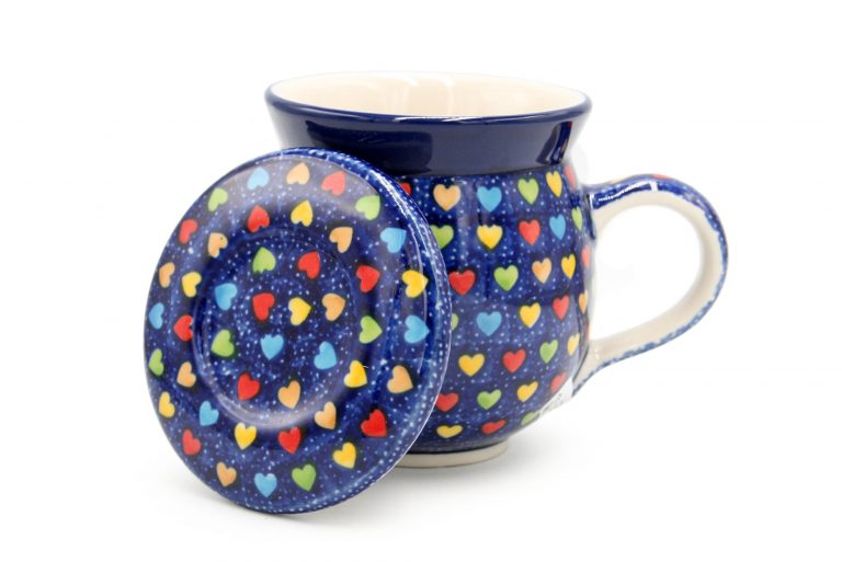 Steamer mug with lid Colorful Hearts, Ceramika Boleslawiec