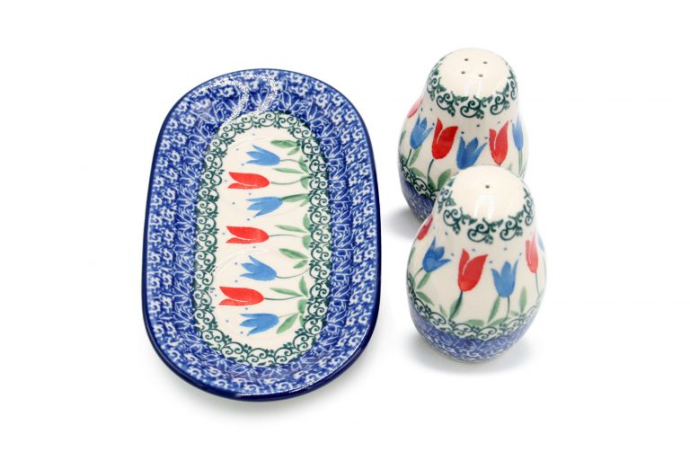 Rode en blauwe tulp kruidenset, Ceramika Bolesławiec