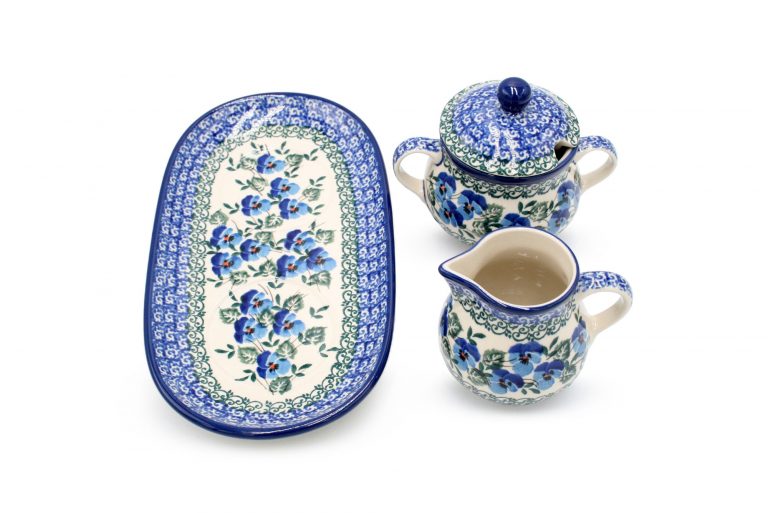 Set of sugar bowl and creamer, Petite Bratki pattern, Ceramika Boleslawiec
