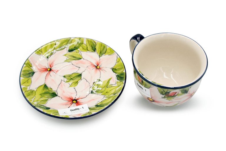 Yellow and Black Bird and Pink Flowers cup, Boleslawiec Ceramics
