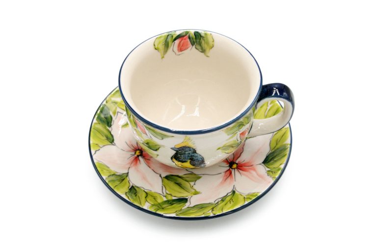 Yellow and Black Bird and Pink Flowers cup, Boleslawiec Ceramics