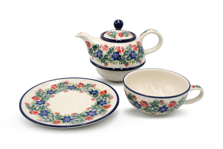 Set of round teapot with cup Roses and Blue Flowers, Ceramika Boleslawiec
