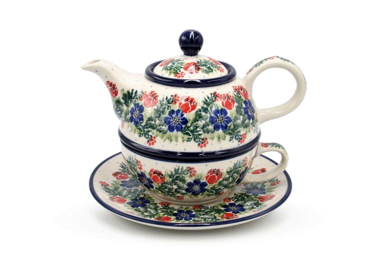 C01 Komplet okragly czajniczek z filizanka Roze i Niebieskie Kwiatuszki Ceramika Boleslawiec