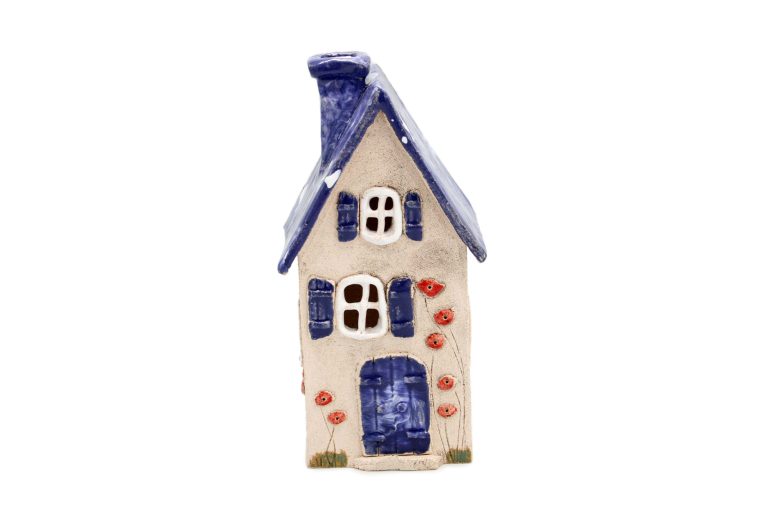 Domek ceramiczny na swieczke – Bialo niebieski dach 2