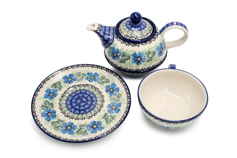 Set of round teapot with cup Blue Flowers, Ceramika Boleslawiec