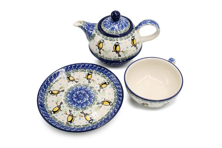Set of round teapot with cup Sikorki, Ceramika Boleslawiec