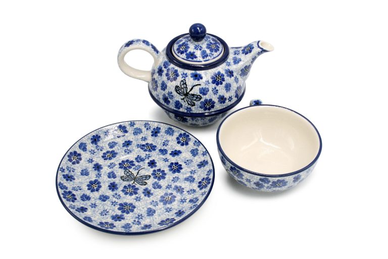 Set of round teapot with cup Sapphire Dragonfly, Ceramika Boleslawiec