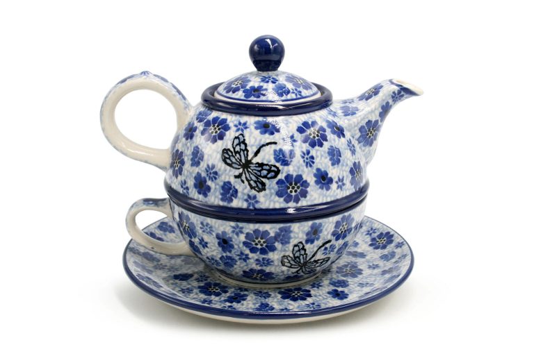 Set of round teapot with cup Sapphire Dragonfly, Ceramika Boleslawiec