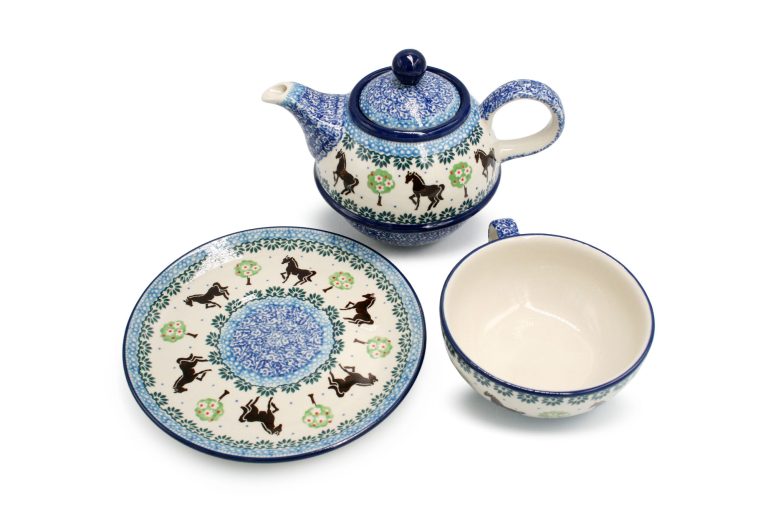 Set of round teapot with cup Horses, Ceramika Boleslawiec
