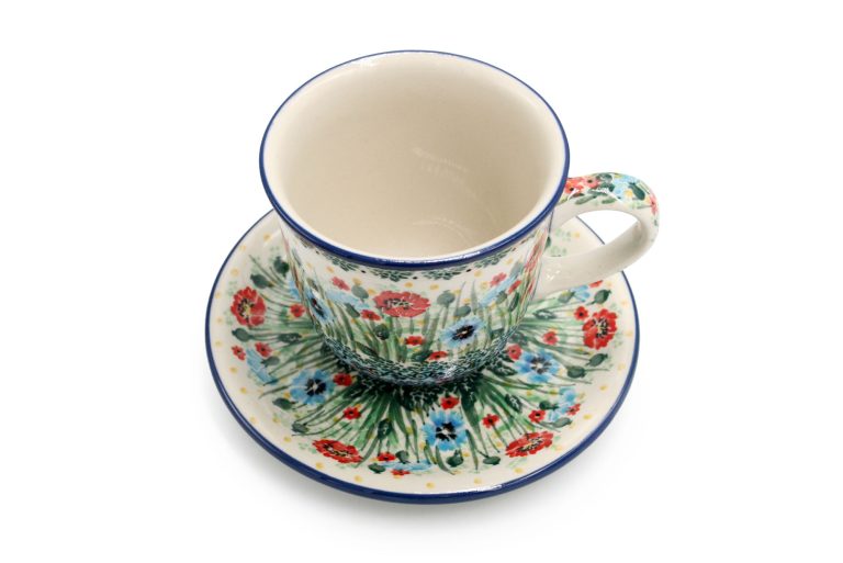 Cup – Cup with saucer Cornflowers and Red Flowers, Ceramika Boleslawiec