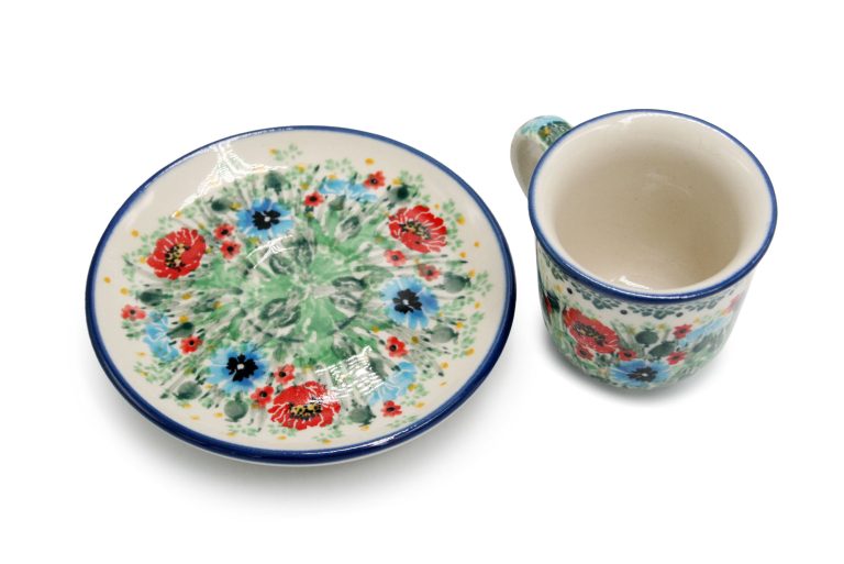 Chabry and Red Flower Espresso Cup, Ceramika Boleslawiec
