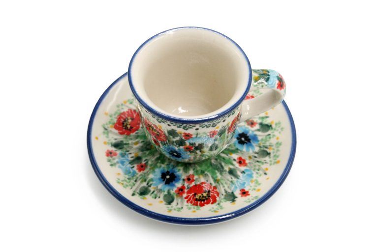 Chabry and Red Flower Espresso Cup, Ceramika Boleslawiec