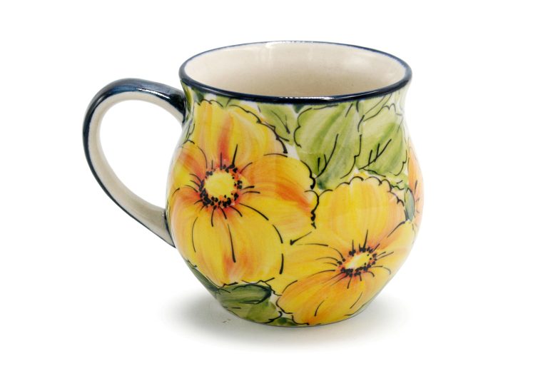Unique Orange Flowers mug, Ceramika Boleslawiec