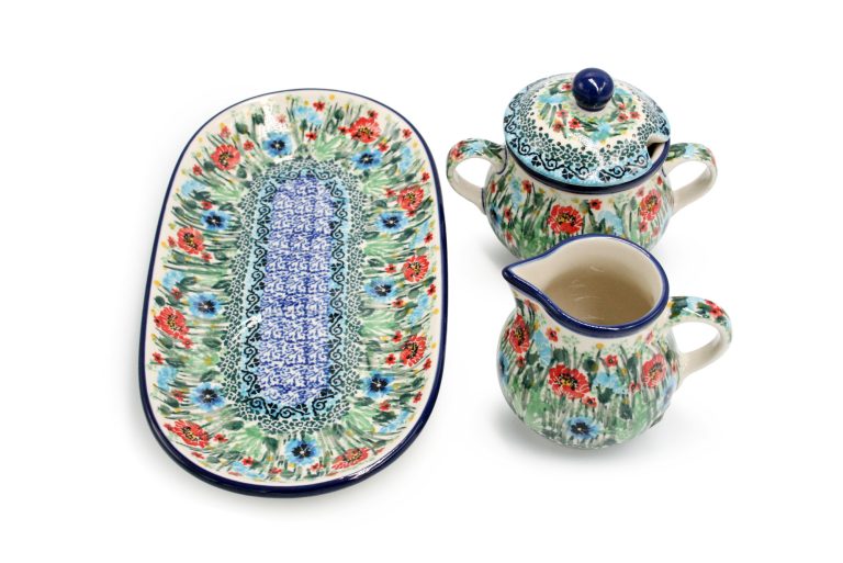 Set of sugar bowl and creamer, pattern Cornflowers and Red Flowers, Ceramika Boleslawiec