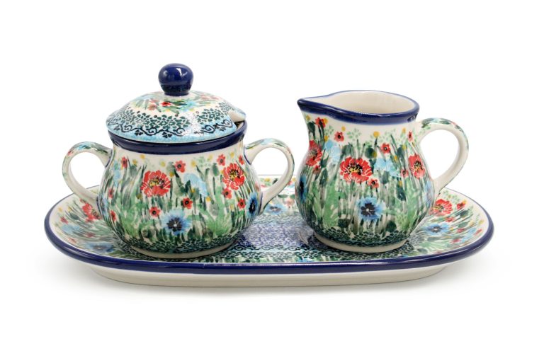 Set of sugar bowl and creamer, pattern Cornflowers and Red Flowers, Ceramika Boleslawiec