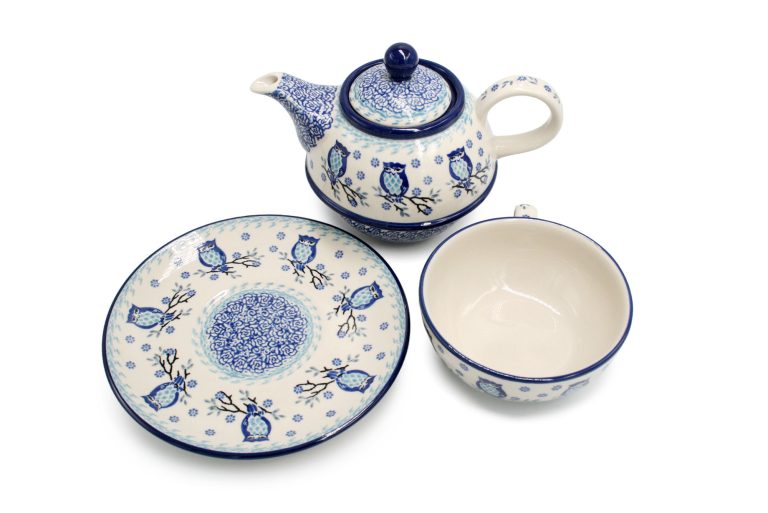 Set of round teapot with cup Blue Owl, Ceramika Boleslawiec