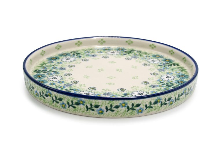 Green and White Flower Platter with Rim, Ceramika Boleslawiec