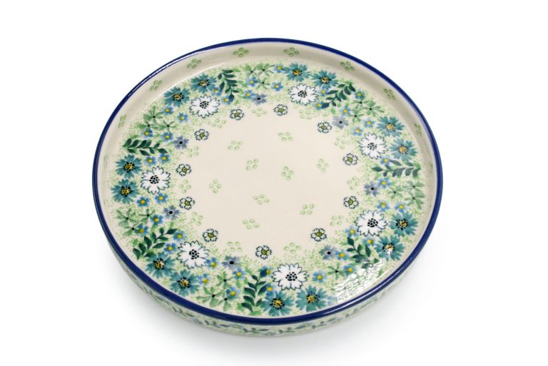 Green and White Flower Platter with Rim, Ceramika Boleslawiec