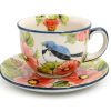 Unique teacup White-Blue Bird and Pink Flowers, Ceramics Boleslawiec