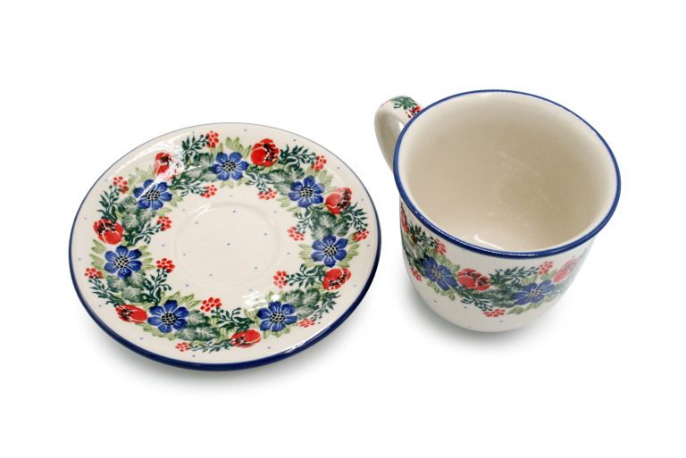 Cup – Cup with saucer Roses and Blue Flowers, Ceramika Boleslawiec