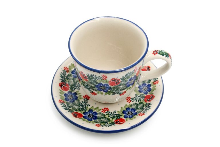 Cup – Cup with saucer Roses and Blue Flowers, Ceramika Boleslawiec