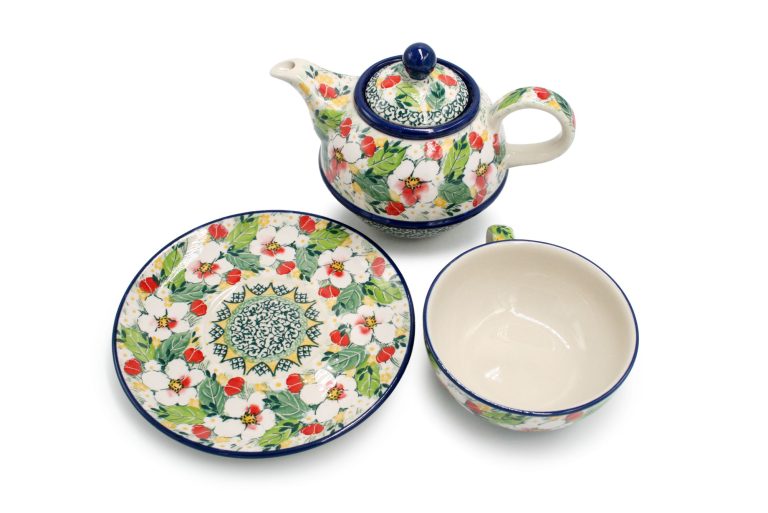 Set of round teapot with cup Magnolia, Ceramika Boleslawiec