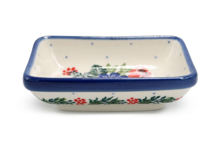 Oblong bowl for soy sauce, wasabi or ginger Roses and Blue Flowers, Boleslawiec Ceramics