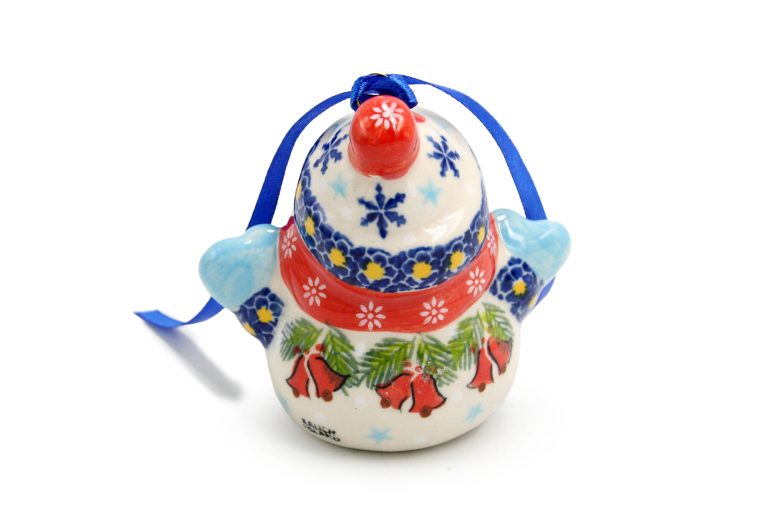 Kerstbal in de vorm van een sneeuwpop Peperkoek en klokken, Ceramika Bolesławiec