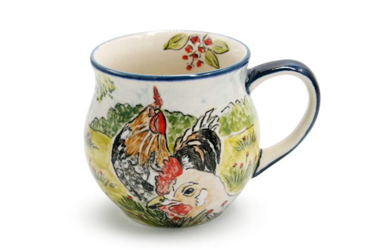 Unique Pink Flowers and Bird Mug, Ceramics Boleslawiec