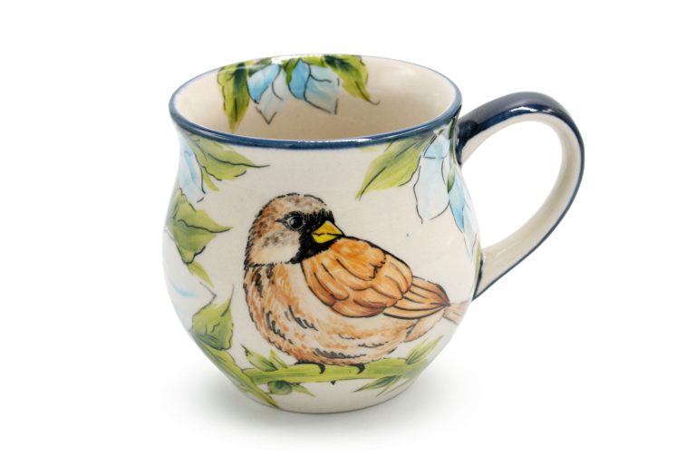 Unique Sparrow and Blue Flowers mug, Ceramika Boleslawiec