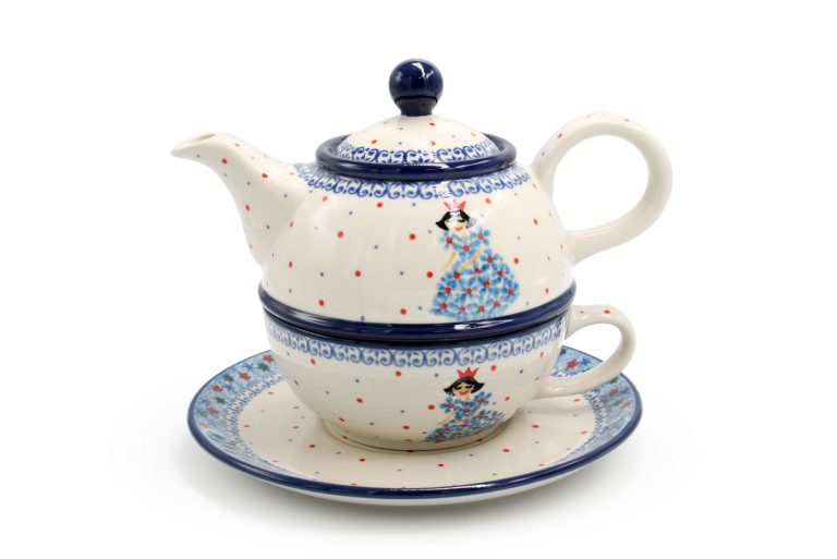 Set of round teapot with cup Blue Princess Ceramics Boleslawiec