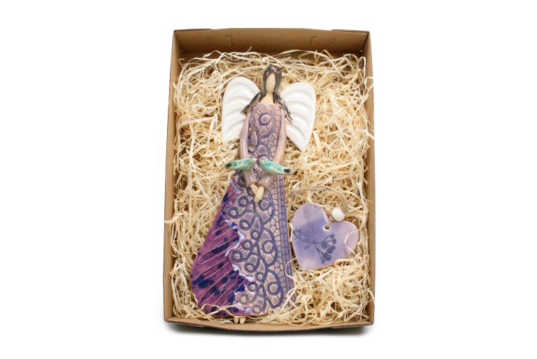 Keramische paarse engel met vogels + Hanger